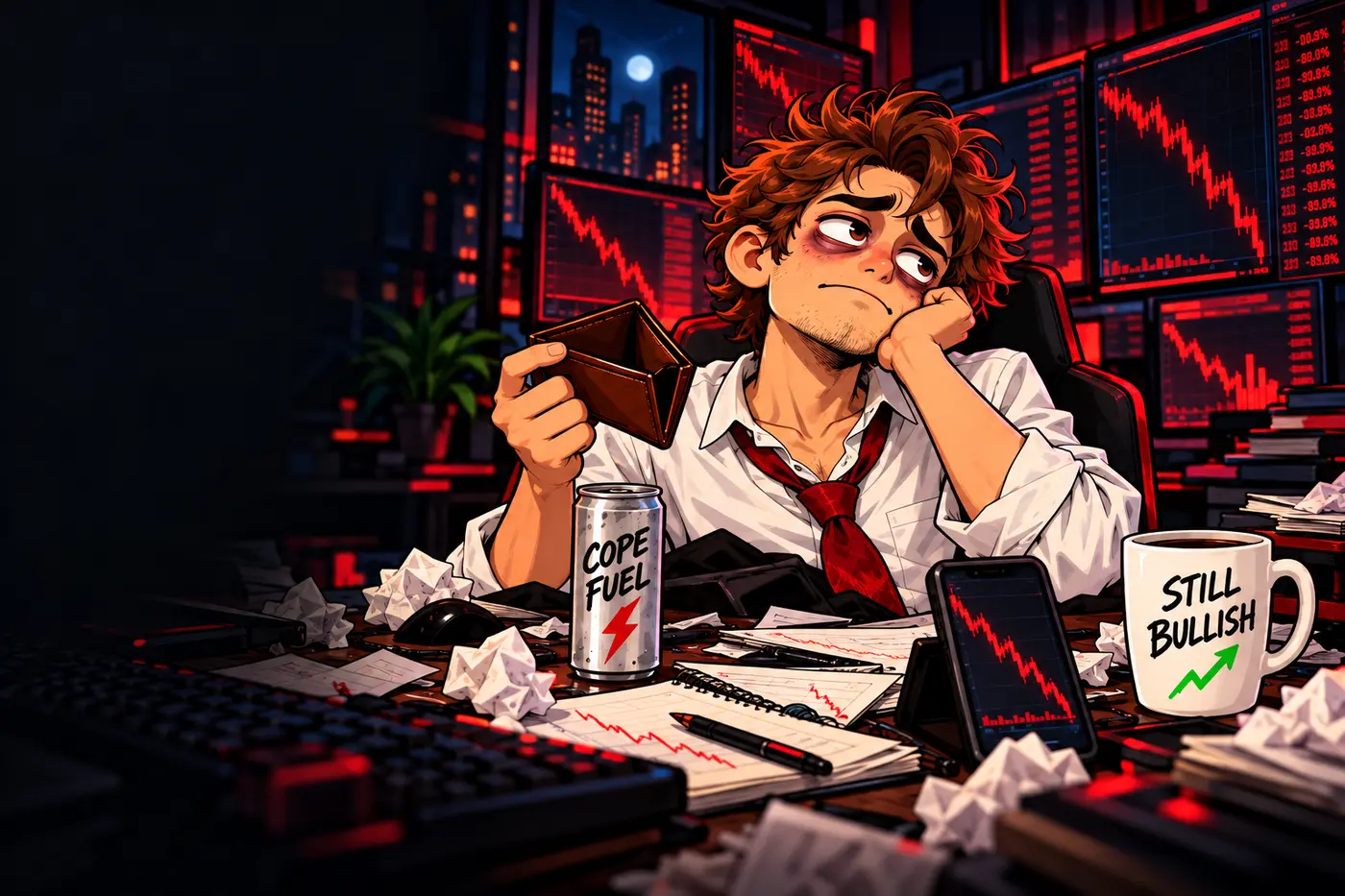 Larry at his wrecked trading desk, holding an empty wallet with his cheek resting on his hand.